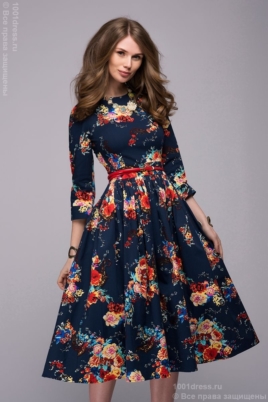 Заказать Синее платье миди с цветочным принтом с бесплатной доставкой по России