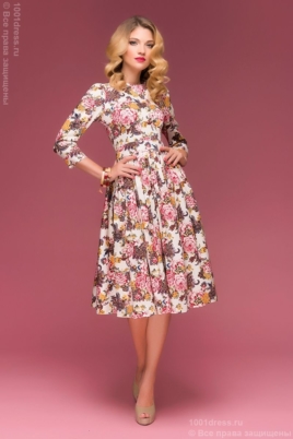 Ванильное платье миди с цветочным принтом купить в Воронеже