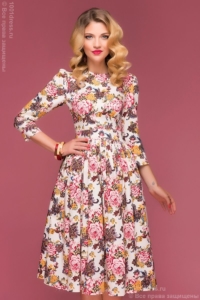 Купить ванильное платье миди с цветочным принтом в интернет-магазине в Воронеже
