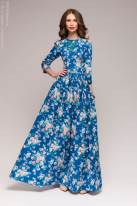 Купить длинное платье синего цвета с цветочным принтом в Воронеже