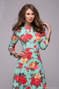 Купить длинное платье мятного цвета с цветочным принтом в интернет-магазине в Воронеже