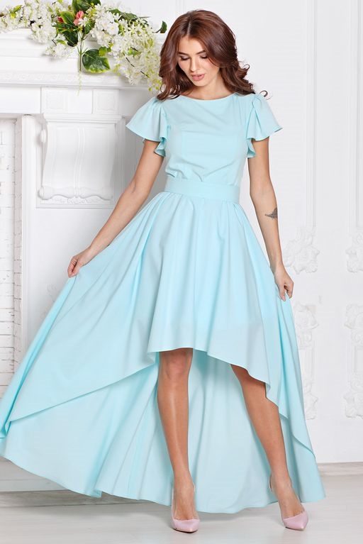 Вечернее платье ментолового цвета с асимметричной юбкой и короткими рукавами купить в интернет-магазине
