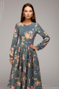 Синее платье миди с цветочным принтом и длинными рукавами купить в интернет-магазине