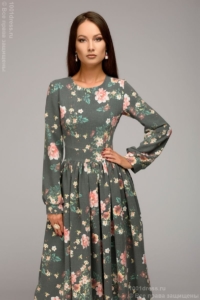Серое платье миди с цветочным принтом и длинными рукавами купить в интернет-магазине