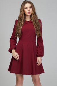 Короткое платье вишневого цвета с расклешенной юбкой и рукавом "фонарик" купить в интернет-магазине