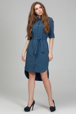 Платье-рубашка синего цвета с асимметричным низом и поясом купить в Воронеже