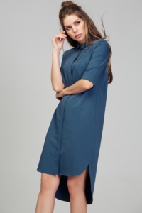 Платье-рубашка синего цвета с асимметричным низом и поясом купить в интернет-магазине