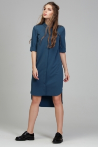 Заказать Платье-рубашка синего цвета с асимметричным низом и поясом с бесплатной доставкой по России