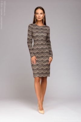 Короткое платье цвета пудры с имитацией кружева и длинными рукавами купить в интернет-магазине