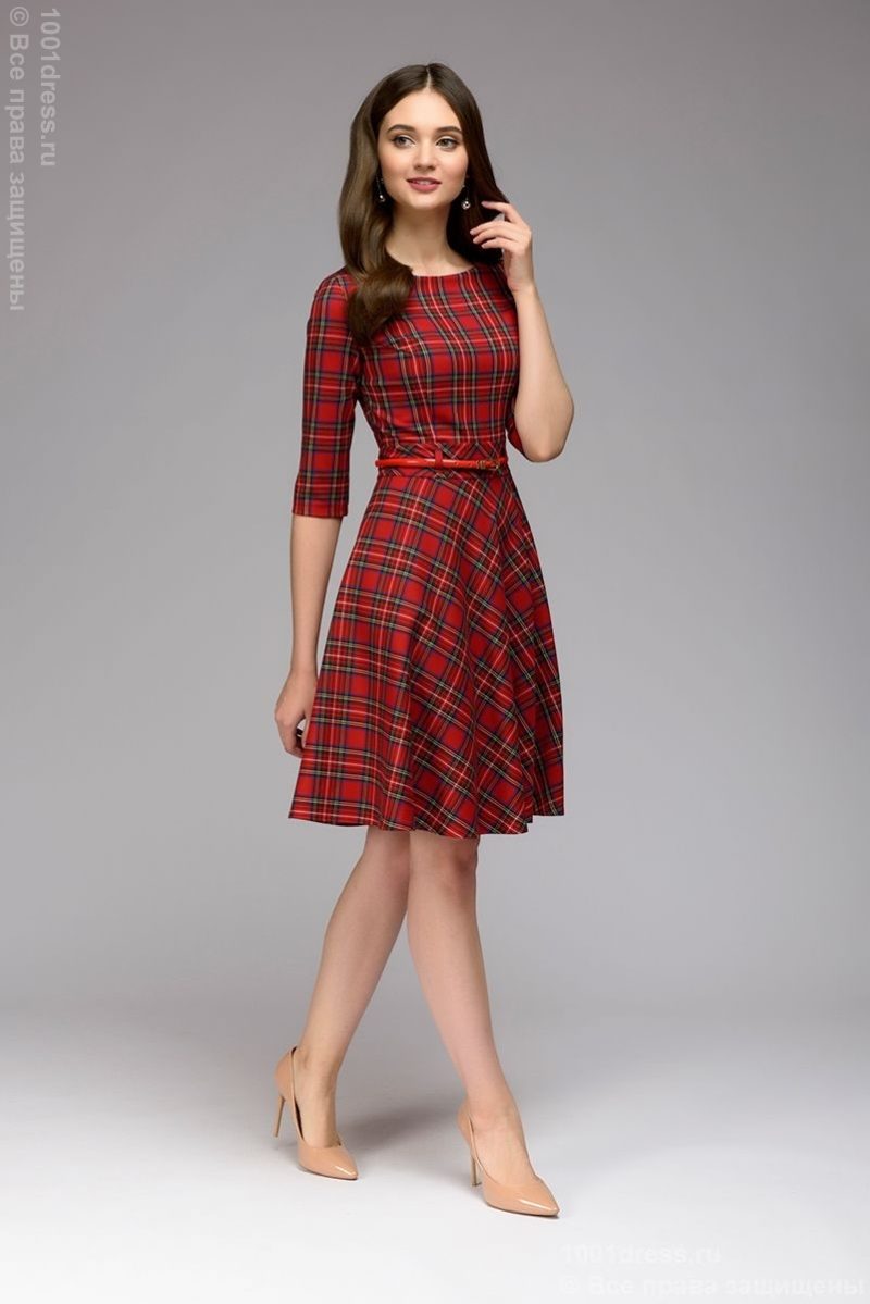Красное платье мини с принтом "шотландская клетка" купить в интернет-магазине