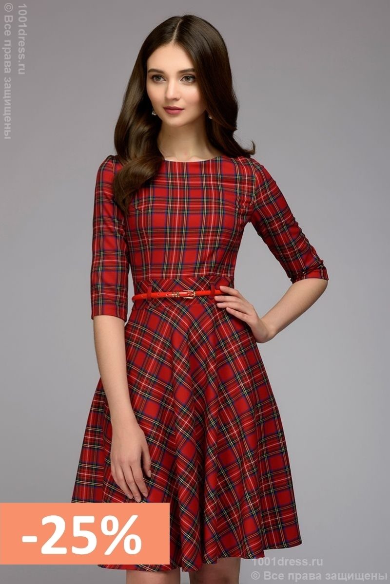 Красное платье мини с принтом "шотландская клетка"