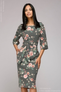 Серое платье миди с цветочным принтом и широким поясом купить в Воронеже