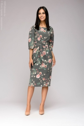 Серое платье миди с цветочным принтом и широким поясом купитть в интернет-магазине