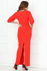 Длинное красное платье по фигуре с разрезом сзади и пышными рукавами купить в интернет-магазине