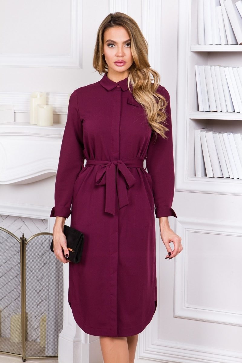 Заказать Платье-рубашка длины миди бордового цвета с длинными рукавами с бесплатной доставкой по России