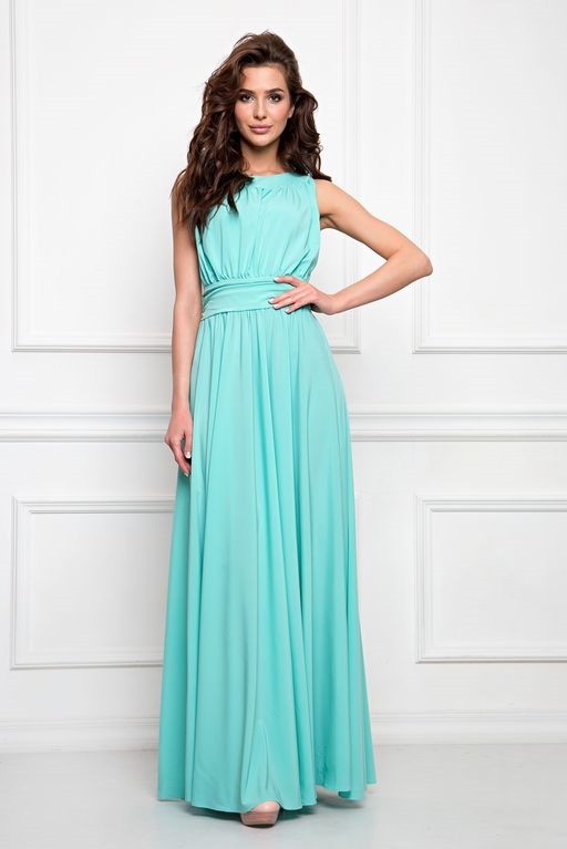 Вечернее платье в пол мятного цвета с пышной юбкой без рукавов купить в интернет-магазине