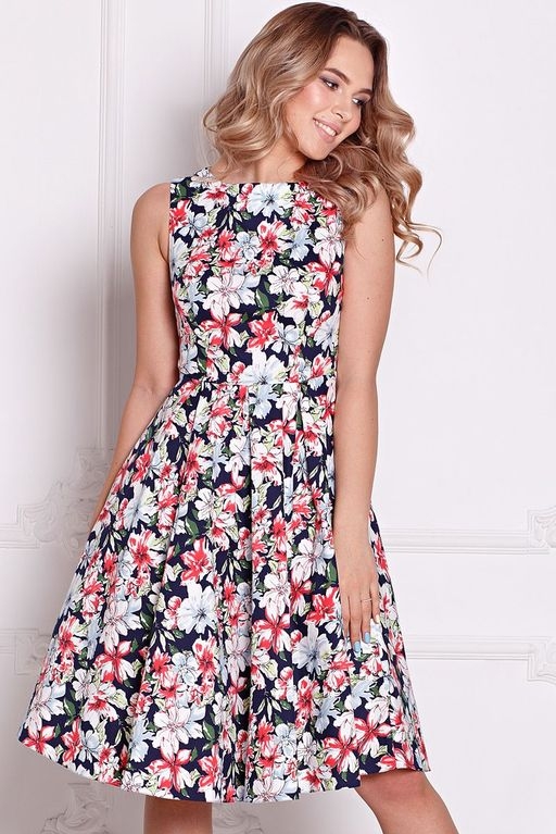 Темно-синее платье миди с цветочным принтом без рукавов купить в интернет-магазине