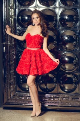 Короткое платье из крупных роз красного цвета с открытым верхом купить в интернет-магазине