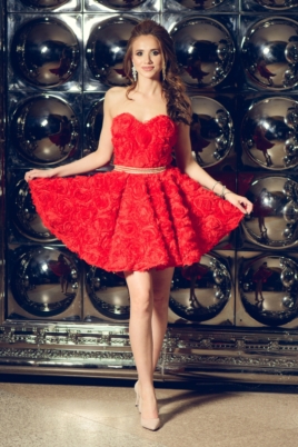 Короткое платье из крупных роз красного цвета с открытым верхом заказать с примеркой