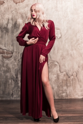 Вишневое платье в пол в греческом стиле с длинными рукавами купить в интернет-магазине
