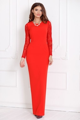 Вечернее красное платье прямого кроя с отделкой гипюром купить в интернет-магазине