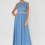 Длинное голубое платье без рукавов в мелкий горошек купить в интернет-магазине