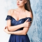 Длинное вечернее платье-корсет темно-синего цвета с разрезом на юбке заказать с примеркой