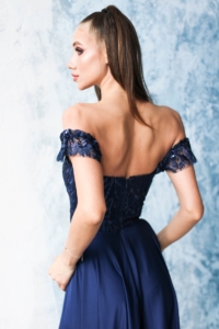 Купить Длинное вечернее платье-корсет темно-синего цвета с разрезом на юбке в интернет-магазине
