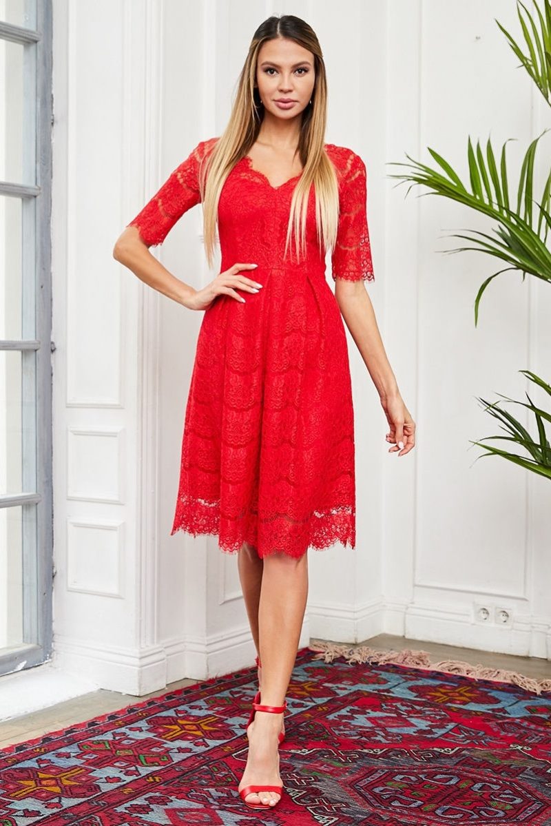 Кружевное платье миди красного цвета с пышной юбкой купить в интернет-магазине