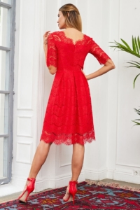 Купить Кружевное платье миди красного цвета с пышной юбкой с бесплатной доставкой