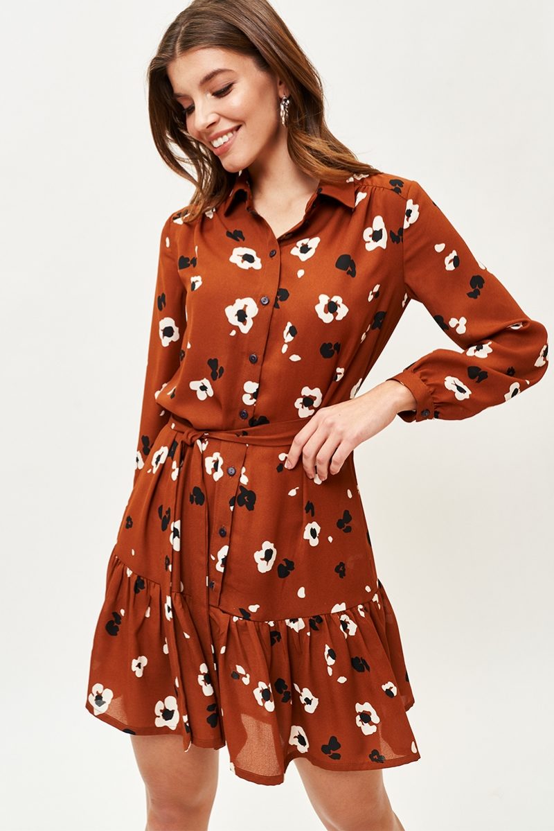 Светло-коричневое платье мини с цветочным принтом и воланом купить в интернет-магазине