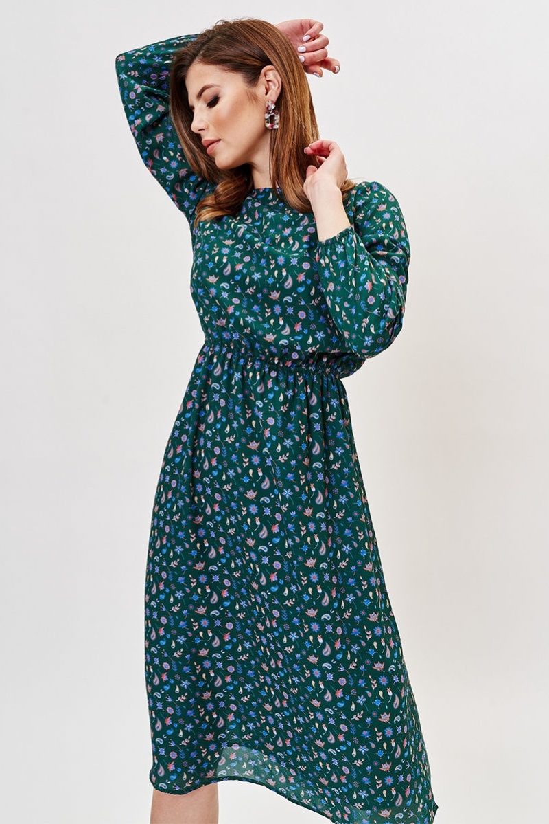 Зеленое платье миди с цветочным принтом и длинными рукавами купить в интернет-магазине