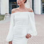 Белое платье миди с открытыми плечами и пышными рукавами zd01998wh-3